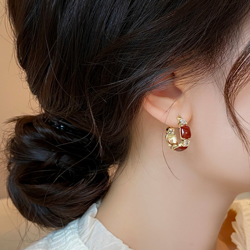 Wholesale wine red square light luxury earrings